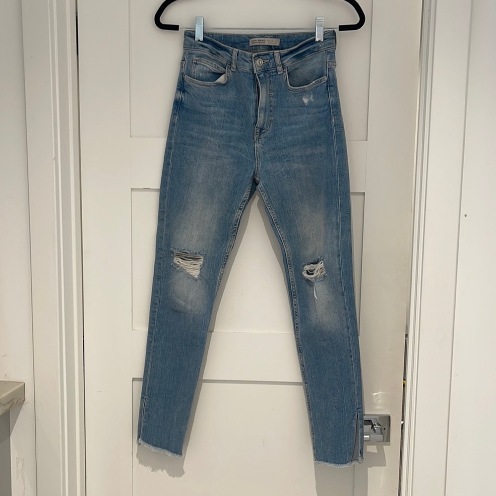 ZARA women’s blue jeans with rips & ankle slits